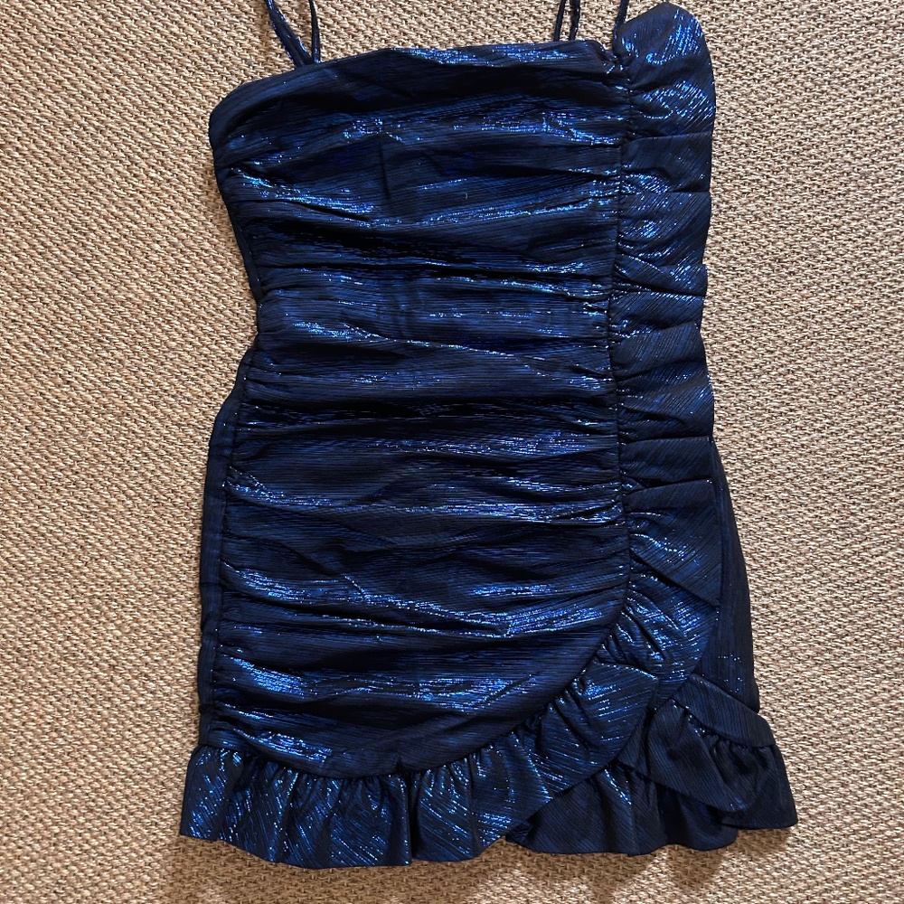 Do + Be Dress Womens Medium Ruched Ruffled Blue Black Shimmer Sparkle Party NWT